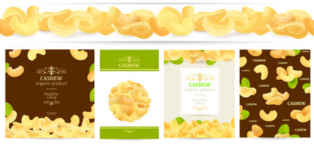 collection of banners with fresh cashews. seamless nutty horizontal border and vertical texture. set of banners with cashew nut. frame with dried kernels and leaf. flyer with round shape pile of nutsのイラスト素材
