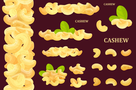 collection of isolated nutty groups on brown background. set of single dried nuts. round heap of peeled cashews kernel and leaves. vertical seamless border with cashew. roasted and fresh nutのイラスト素材