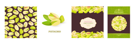 seamless texture with kernel in open shell and peeled seed of pistachios. set of nutty banner with vintage label and circle heap of dry green nutsのイラスト素材