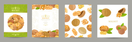 collection of card with walnuts. banner with round heap of nuts and outlined draw pattern of walnut. seamless texture with whole unpeeled nut, half shell with kernel. isolated nutty groups with leavesのイラスト素材