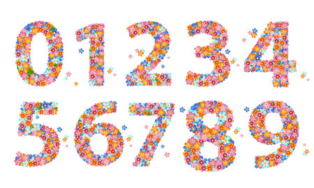 cheerful font alphabet characters with tiny colorful flowers. flowering set of numbers with flying petals around. little blossom with five leaves. orange, pink and blue bloom. figure filled of floretsのイラスト素材