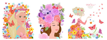 collection of blooming banners with pretty girls. girl in headband looking over her shoulder surrounded by flowers and butterflies. young brunette with blossom hairstyle of roses. blonde sends heartsのイラスト素材