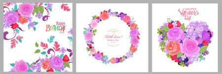 A collection of banners with floral arrangements. Foliage ornament with rose flowers and colorful leaves. A blooming wreath with leafy twigs and berries. A heart shape made of blossom for card designのイラスト素材