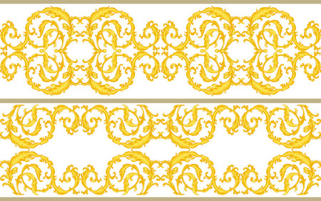 A collection of vintage golden floral borders with scroll swirl leaves. Vertical gold leafy pattern segments isolated on a white background. Retro ornate foliage baroque ornament style design elementsのイラスト素材