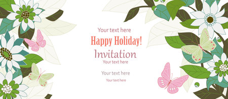 A  horizontal banner with isolated vertical borders of blooming plants with flying butterflies. Fancy flowers with green and white petals against a white background.のイラスト素材