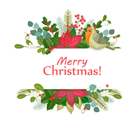 christmas banner with winter flowers plants and birdのイラスト素材