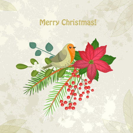 Vintage floral arrangement with Robin bird on shabby chic paper background. bouquet with flowers, winter plants, twigs of berries. Merry Christmas cardのイラスト素材