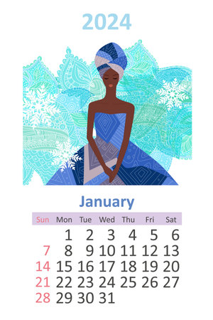 Calendar 2024 January template. beautiful African girl with closed eyes in an ethnic costume. abstract doodle background with snowflakes. Fashion monthly calendarのイラスト素材
