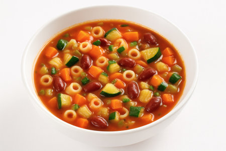 Minestrone soup with vegetables and pasta in white bowl. Minestrone soup italian food healthy vegetable isolated closeupの素材