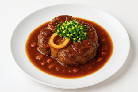 Osso buco with gremolata and rich braised veal shank in sauce. Osso buco veal italian food gourmet dish isolated closeupの素材