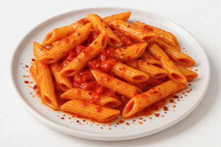 Penne arrabbiata with spicy tomato sauce and chili flakes. Penne pasta arrabbiata spicy italian food isolated closeupの素材
