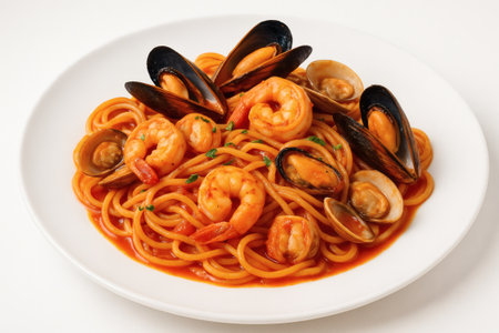 Seafood spaghetti with mussels, shrimp and clams in tomato sauce. Spaghetti seafood pasta Italian food isolated closeupの素材