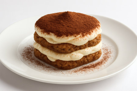 Classic tiramisu dessert with cocoa powder and mascarpone cream. Tiramisu italian dessert sweet food isolated closeupの素材
