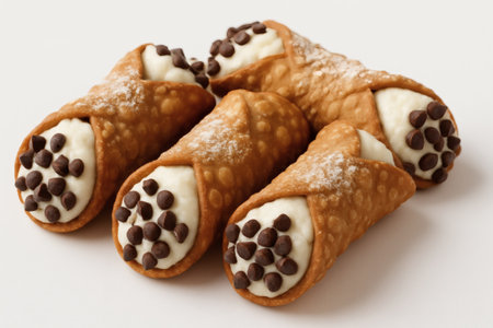 Cannoli pastries filled with ricotta cream and chocolate chips. Cannoli italian dessert sweet food isolated closeupの素材