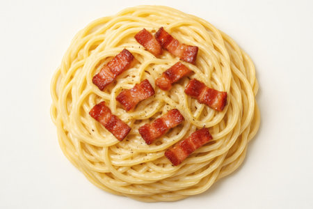 Spaghetti carbonara with creamy sauce and crispy pancetta. Spaghetti carbonara pasta italian food isolated closeup topviewの素材