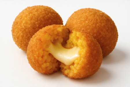 Arancini with melting cheese, golden fried rice balls. Arancini italian snack food isolated closeup gourmetの素材