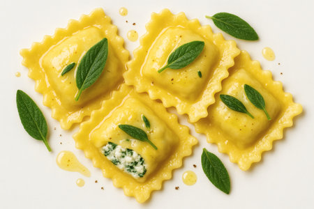 Ravioli stuffed with ricotta and spinach with butter and sage. Ravioli pasta italian food ricotta spinach isolated closeupの素材