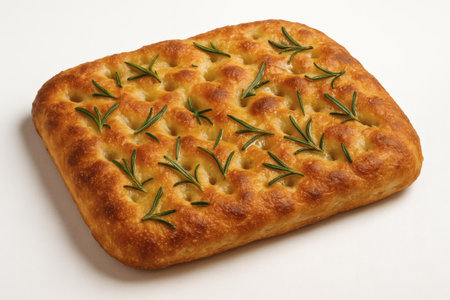 Rustic focaccia bread with olive oil and herbs on white background. Focaccia bread italian bakery food isolated closeupの素材