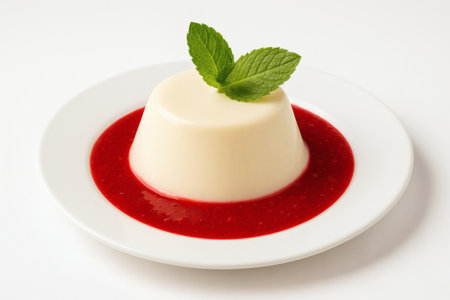 Panna cotta with raspberry coulis and fresh mint leaf dessert. Panna cotta italian dessert sweet food isolated closeupの素材