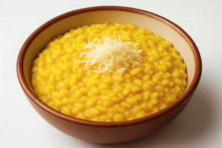 Traditional risotto alla milanese with saffron in ceramic bowl. Risotto saffron parmesan Italian food isolated closeupの素材