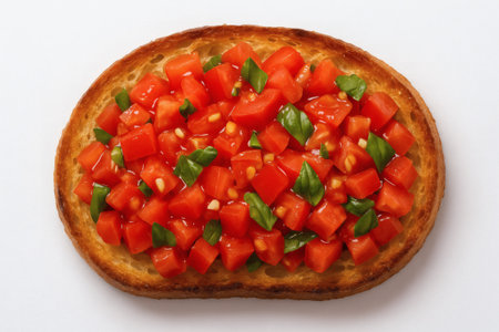 Italian bruschetta with tomatoes basil and garlic on toasted bread. Bruschetta italian appetizer food isolated closeup topdownの素材