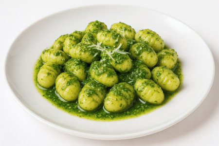 Gnocchi with basil pesto sauce and parmesan topping on white background. Gnocchi pesto pasta italian food isolated closeupの素材