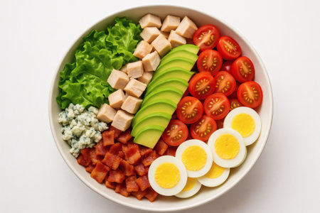 Cobb salad with avocado bacon egg and blue cheese. Cobb salad healthy fresh food isolated closeup colorfulの素材