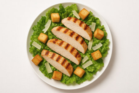 Caesar salad with croutons and parmesan cheese. Caesar salad italian food isolated closeup topviewの素材