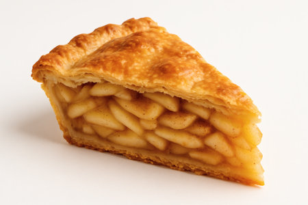 Cinnamon apple pie slice with flaky crust. Apple pie dessert sweet food isolated closeup classicの素材