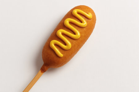 Corn dog on stick with mustard drizzle. Corn dog fair food snack isolated closeup detailedの素材