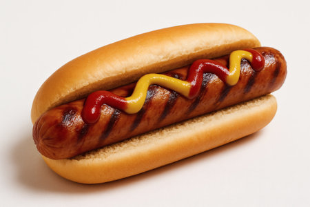 Hot dog with grilled sausage, mustard, and ketchup in soft bun. Hot dog sandwich american food isolated closeupの素材