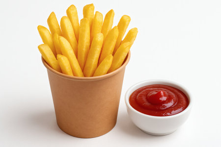 French fries in paper cup with ketchup dip. French fries snack fastfood food isolated closeup highresの素材