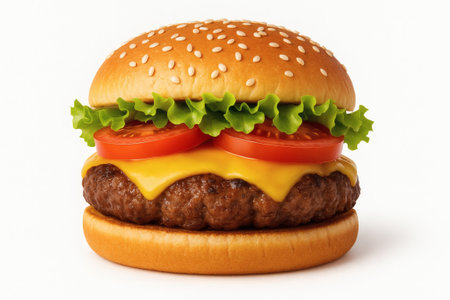 Classic cheeseburger with beef patty, cheddar, lettuce, and tomato. Cheeseburger burger american food isolated closeupの素材