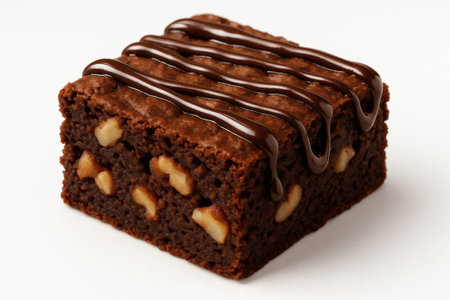 Chocolate brownie with walnuts and melted chocolate topping. Brownie dessert sweet food isolated closeupの素材