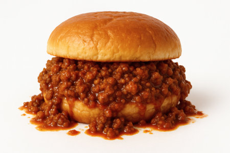 Sloppy Joe sandwich with minced beef in tomato sauce. Sloppy Joe sandwich beef food isolated closeup messyの素材