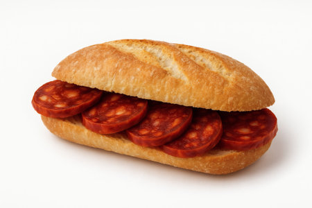 Chorizo Bocadillo Delight on White Background. Spanish Sandwich, Food Photography, Stock Image, High Quality, Isolatedの素材
