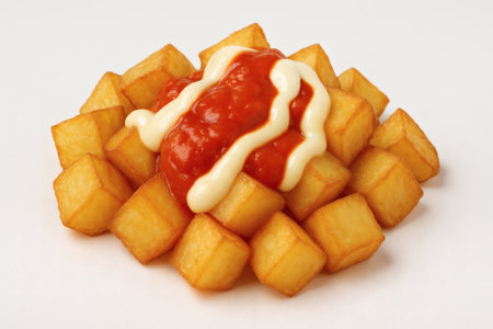 Patatas Bravas Delicacy on White Background. Spanish Cuisine, Food Photography, Stock Image, High Quality, Isolatedの素材