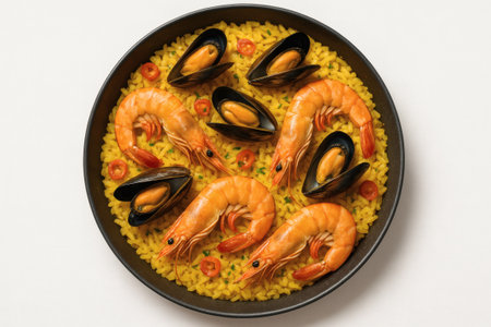 Seafood Paella Delight on White Background. Spanish Cuisine, Food Photography, Stock Image, High Quality, Isolatedの素材