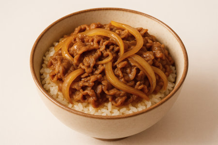 Gyudon Rice Bowl on White Background. Savory Tokyo Comfort Layers, Artisan Beef Harmony, Signature Japanese Cuisine Imageryの素材