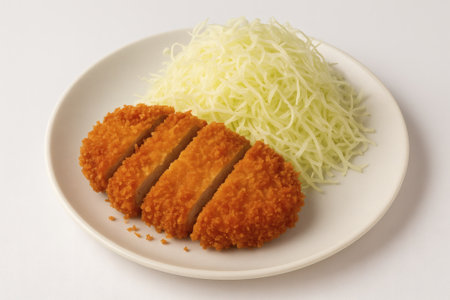 Tonkatsu with Cabbage on White Background. Crispy Japanese Pork Cutlet, Artisan Comfort Dish, Signature Culinary Presentationの素材
