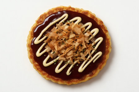 Okonomiyaki Delight on White Background. Savory Osaka Street Symphony, Artisan Flavor Canvas, Signature Japanese Food Imageryの素材