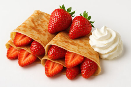 Strawberry Crepes Delight on White Background. Sweet Berry Breakfast Harmony, Artisan Pastry Elegance, Signature Food Imageryの素材