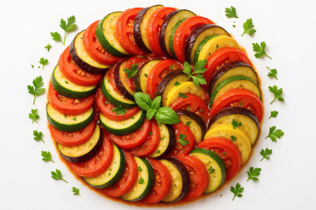 Vibrant Ratatouille Top View on White Background. Colorful ProvenÃ§al Vegetable Medley, Artistic Culinary Presentation, Signature Food Imageryの素材