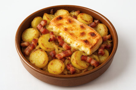 Rustic Tartiflette Delight on White Background. Savory Alpine Potato Bake, Artisan Comfort Food, Signature Culinary Imageryの素材