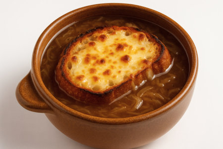 French Onion Soup on White Background. Gourmet Food, Stock Image, High Quality, Isolated, Culinary Photographyの素材