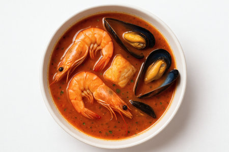 Bouillabaisse Seafood Delight on White Background. Gourmet Cuisine, Food Photography, Stock Image, High Quality, Isolatedの素材