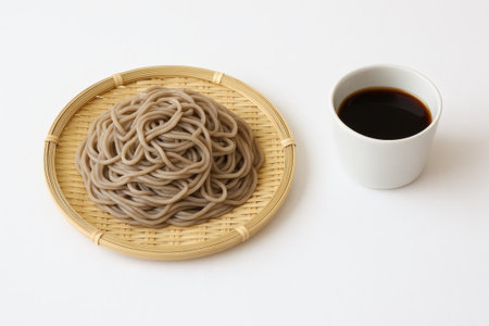 Cold Soba Delight on White Background. Refreshing Japanese Noodle Harmony, Artisan Chilled Dish, Signature Minimalist Culinary Imageryの素材