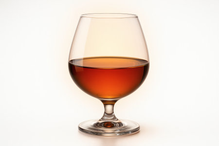 Glowing Cognac in Glass on White Background. Beverage, brandy, spirit, luxury drink, alcoholic drink, amber liquorの素材