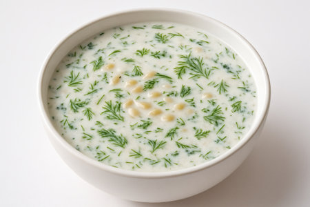 Traditional Armenian Spas Yogurt Soup in Bowl on White Background. Food Stock Image High Quality Cuisine Clipartの素材