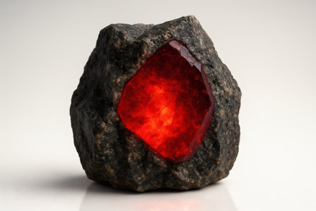 Raw Spinel Gem with Glowing Red Interior on White Background. Gemstone Stock Image High Quality Precious Mineral Jewelry Clipartの素材